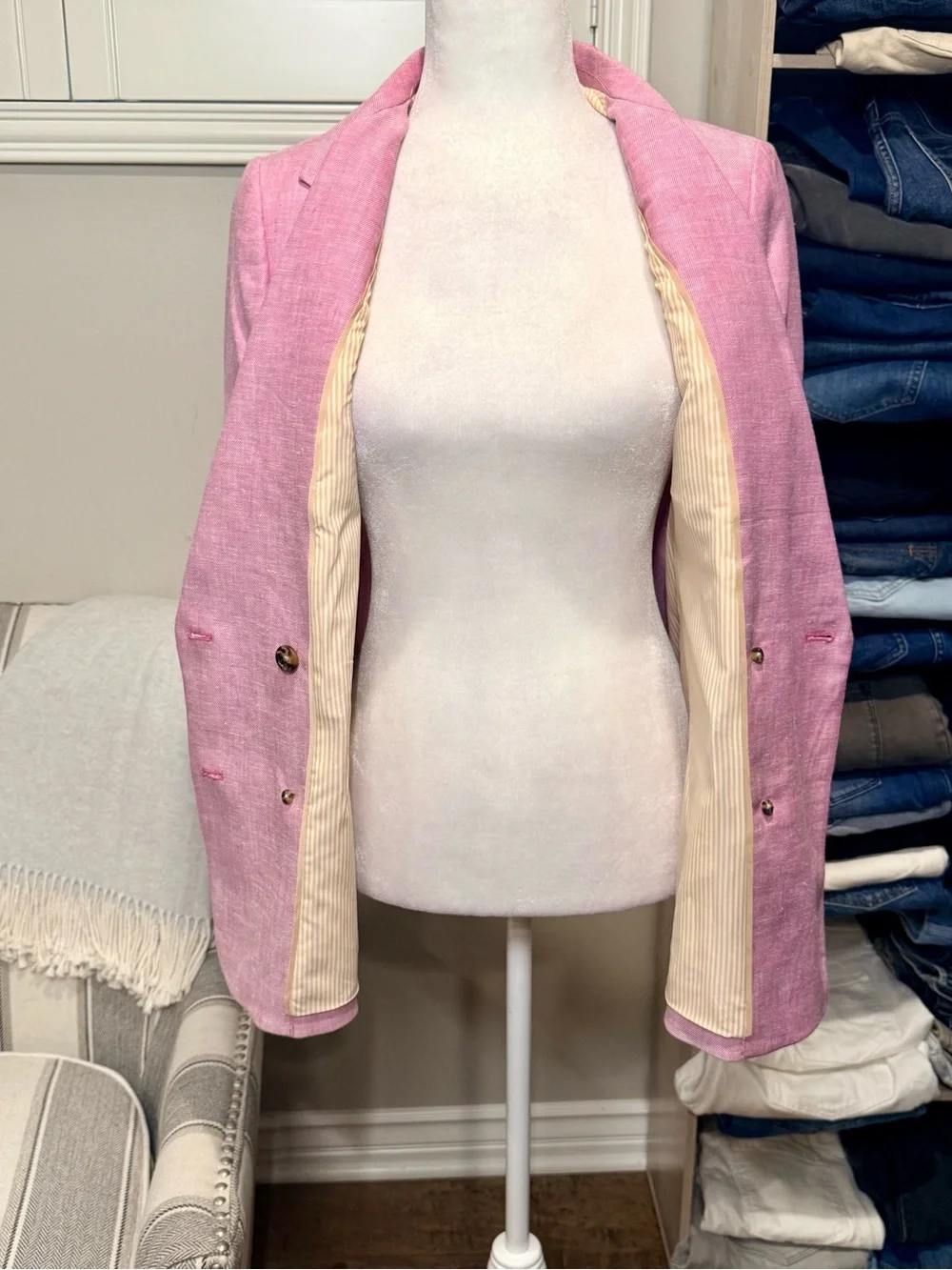 Double-Breasted Pink Linen Blend Blazer Jacket